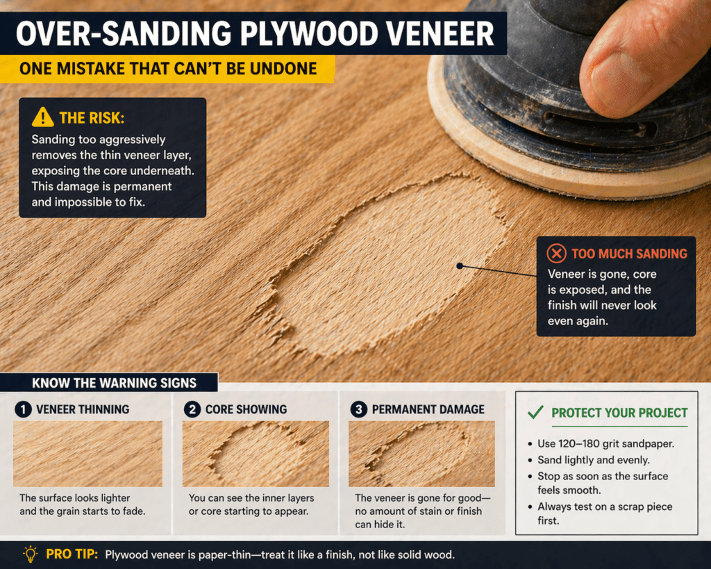 plywood veneer sanded through exposing inner layer damage