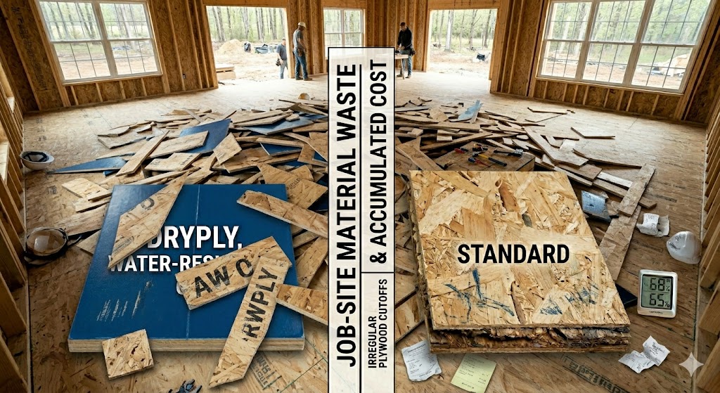 Plywood waste offcuts and scrap pieces on construction floor