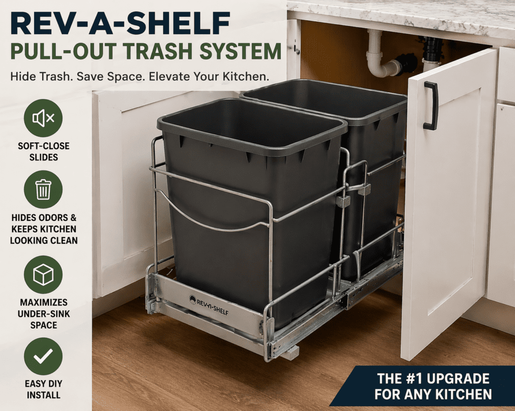 Rev-A-Shelf double pull-out trash can installed under kitchen sink