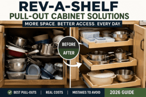 Rev-A-Shelf pull-out cabinet organizer showing before and after kitchen storage upgrade