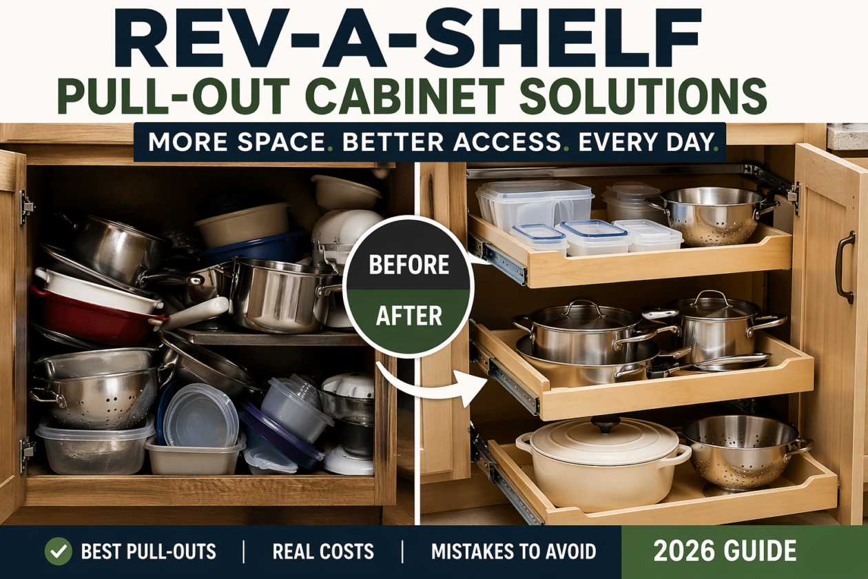 Rev-A-Shelf pull-out cabinet organizer showing before and after kitchen storage upgrade