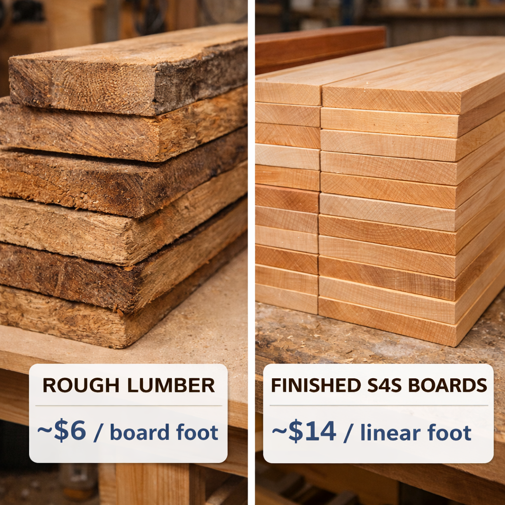 Comparison of rough sawn lumber and finished S4S boards showing cost difference