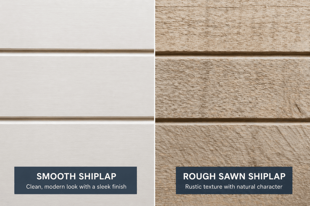 Smooth shiplap board next to rough sawn shiplap board close-up