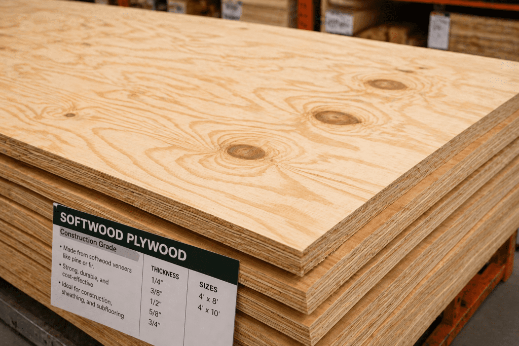 Softwood plywood sheets stacked in a store showing natural grain and construction-grade surface