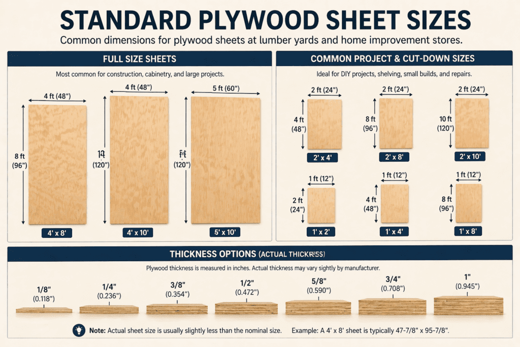 Plywood sheet sizes chart displaying standard dimensions including 4x8 4x10 and smaller project panels