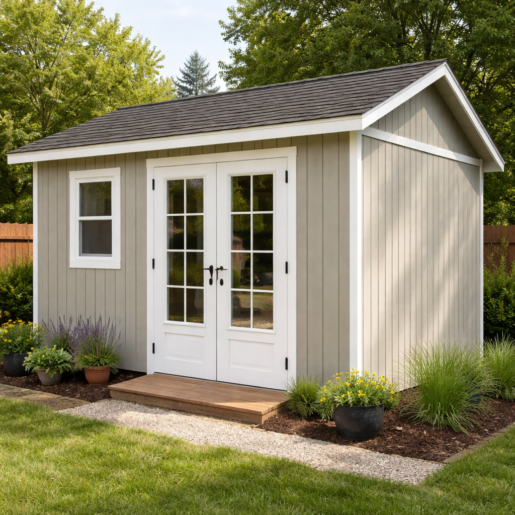 T1-11 siding installed on a backyard shed with vertical grooves and painted finish