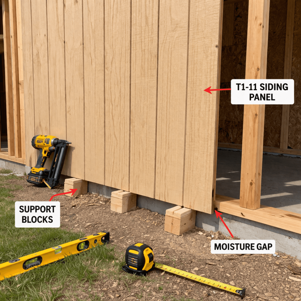 Temporary support blocks holding T1-11 siding panel at correct height during installation