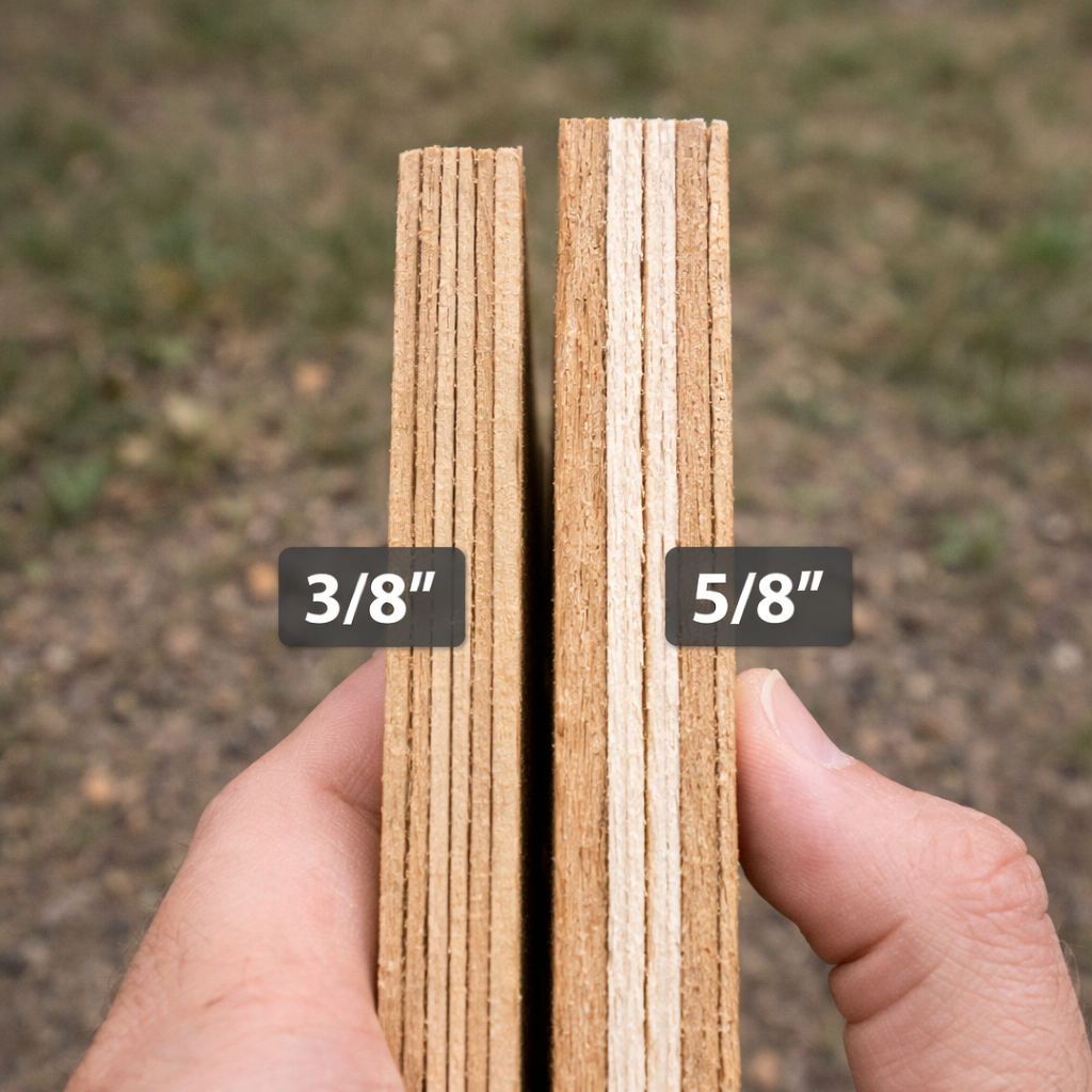 Comparison of 3/8 inch and 5/8 inch T1-11 siding thickness side by side