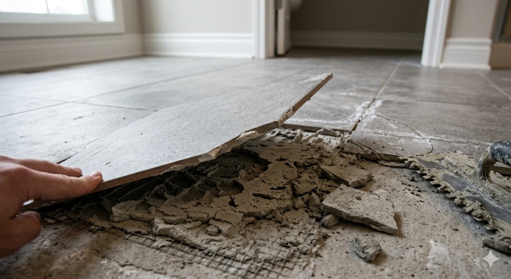 Loose tile lifting from plywood due to improper installation without Ditra