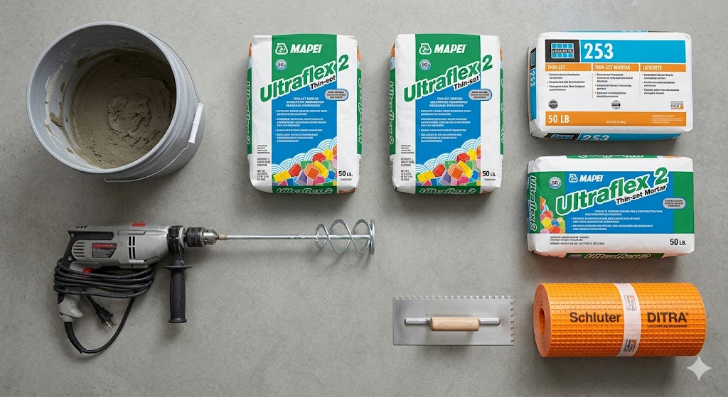 Tile installation tools and materials including Ditra, thinset, and trowel