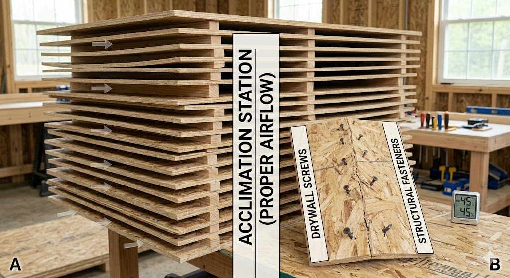Stacked plywood sheets indoors acclimating before installation to prevent shrinking