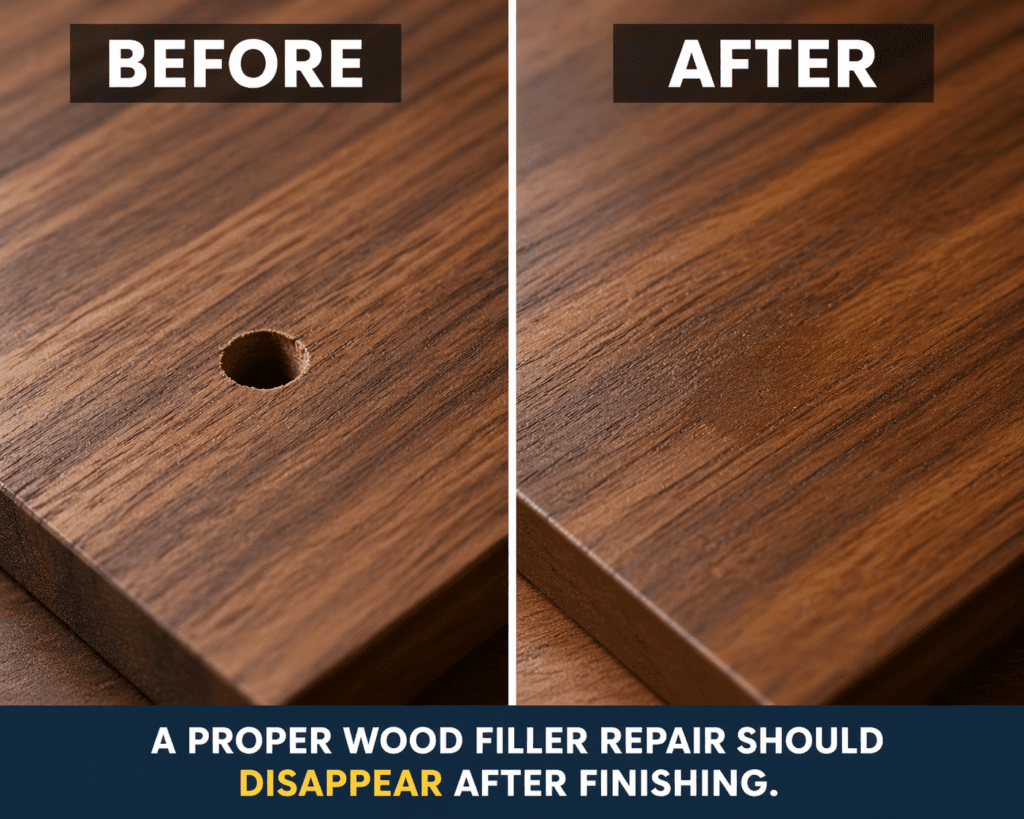 wood filler before and after repair on stained wood surface
