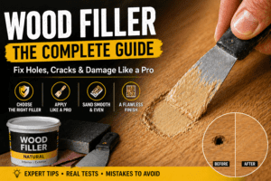 Wood filler repair before and after showing smooth sanded finish on damaged wood surface