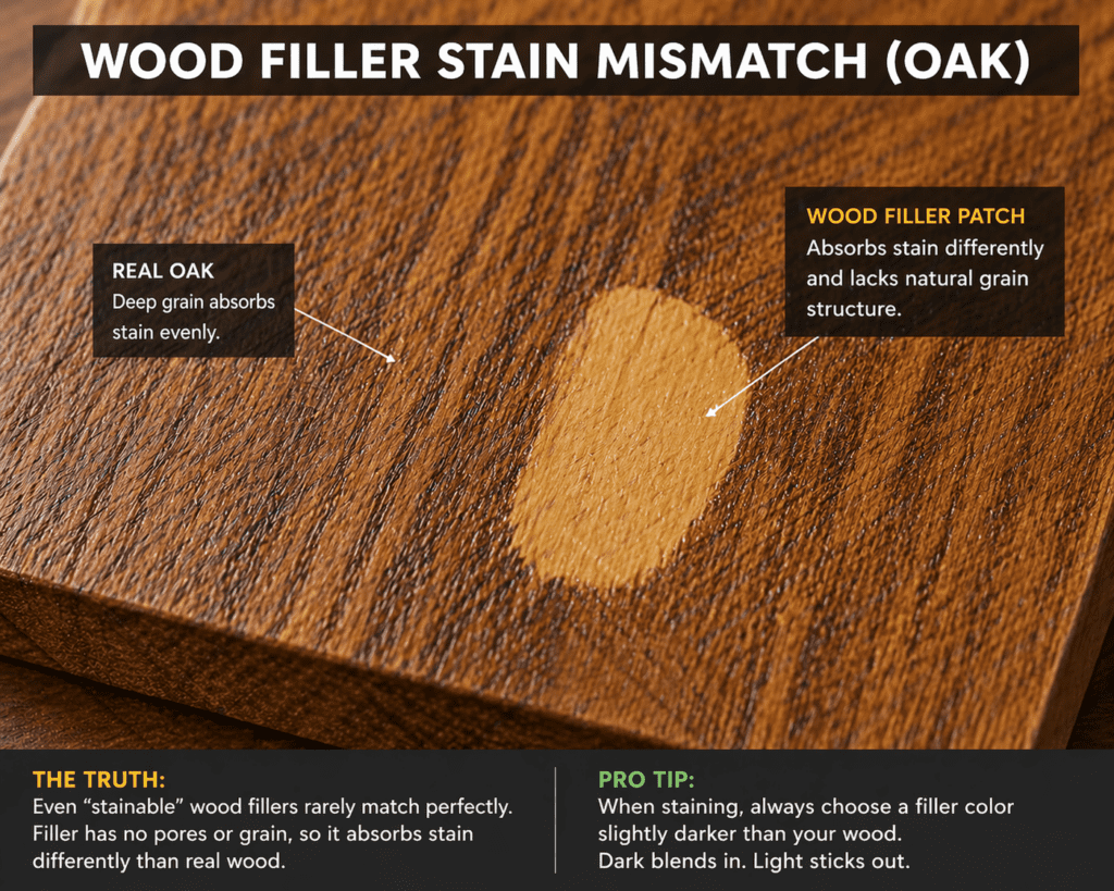 wood filler stain mismatch on oak board showing light patch