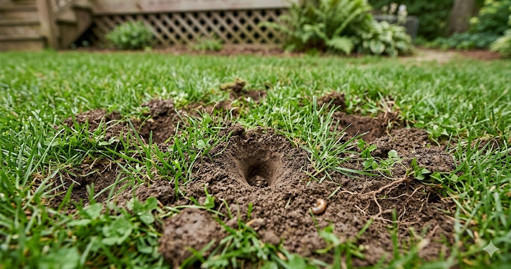 Close up view of cone shaped holes dug into a green grass lawn by a foraging skunk.
