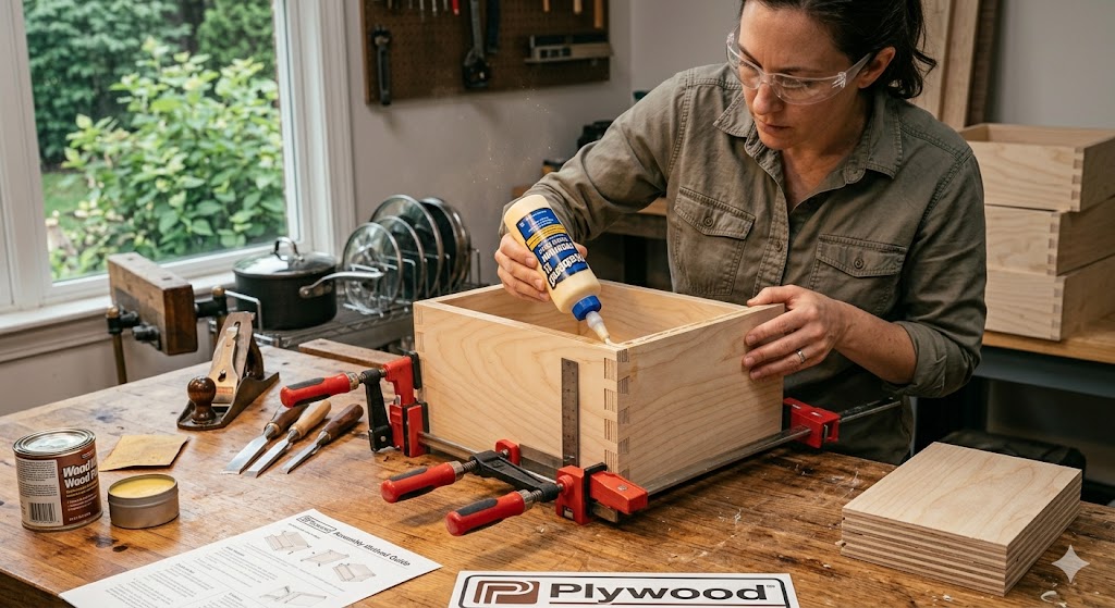 baltic birch plywood drawer box being assembled in woodworking shop