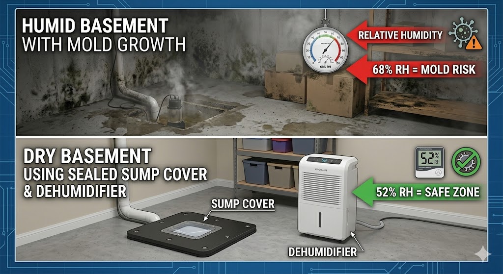 Infographic showing how open sump pits increase basement humidity and mold growth risk