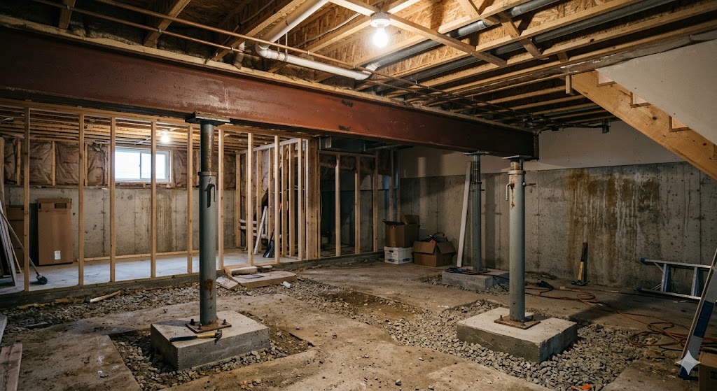 Steel support beam and lally columns directly beneath a load-bearing wall