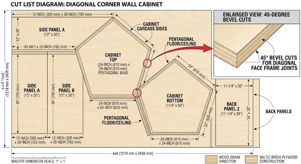 24 inch diagonal corner cabinet plywood cut layout diagram