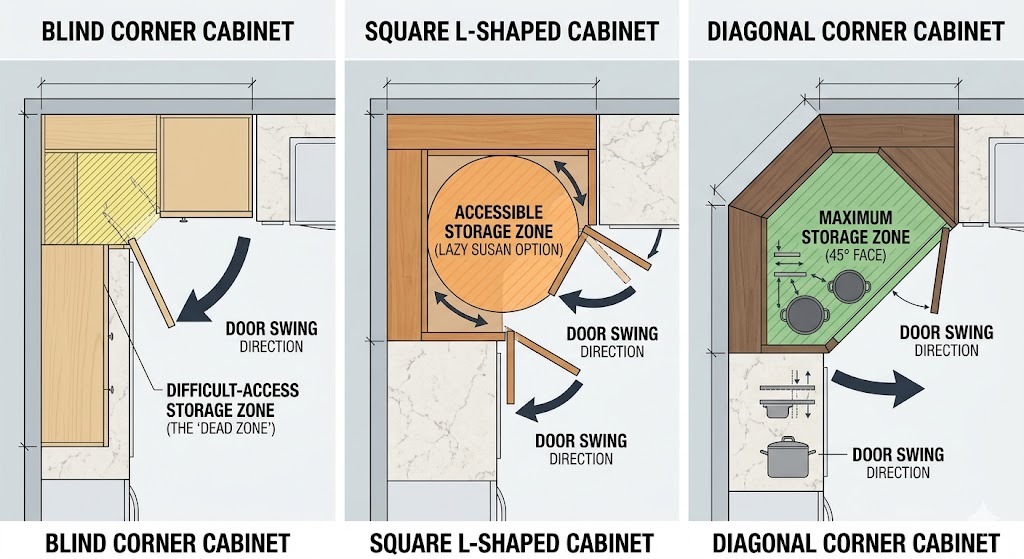 Blind corner cabinet vs square corner cabinet vs diagonal corner cabinet layout