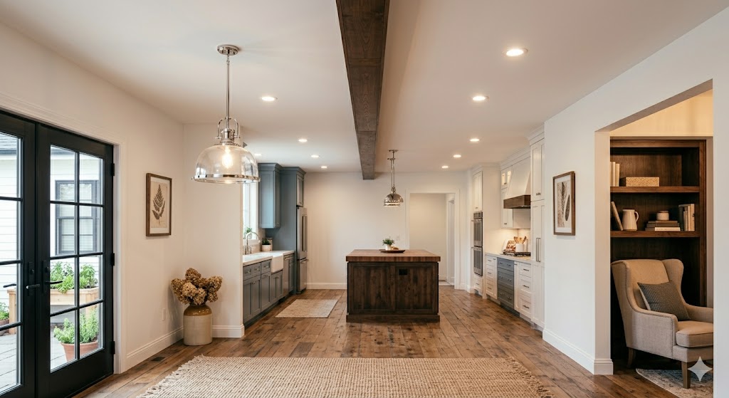 Finished decorative beam wrap after load-bearing wall removal