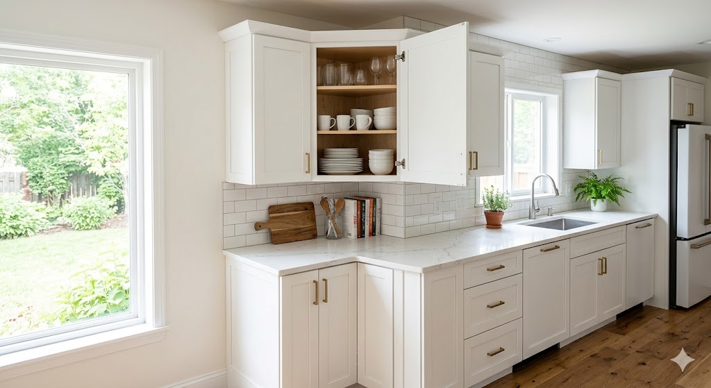 DIY diagonal corner wall cabinet installed in modern kitchen