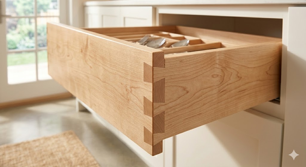 closeup of dovetail drawer box corner joint