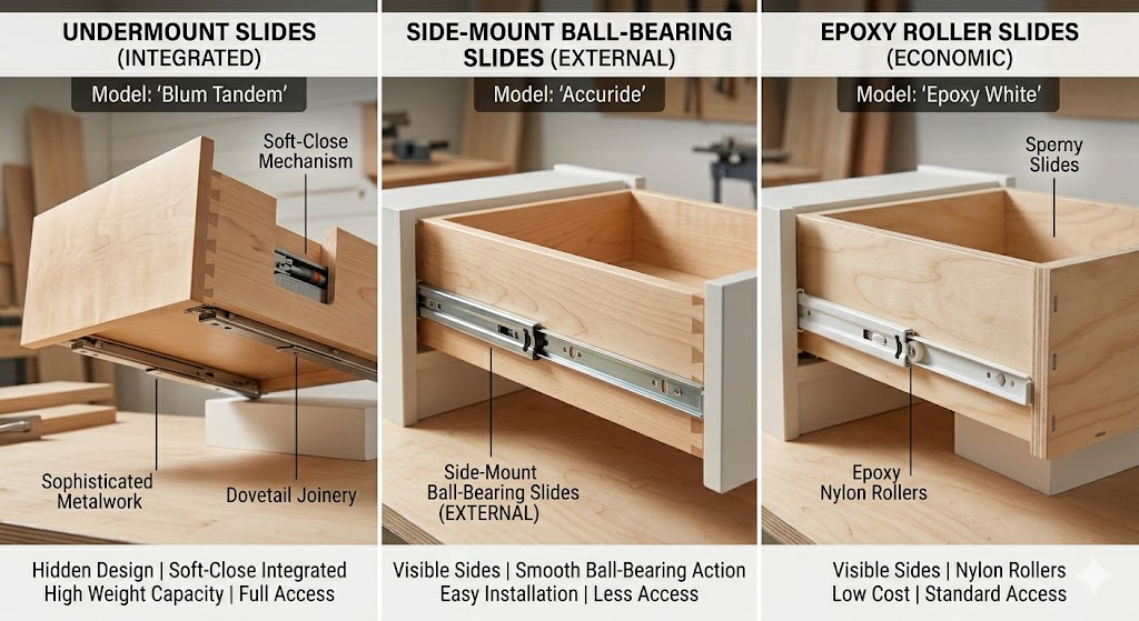 comparison between undermount side mount and epoxy roller drawer slides