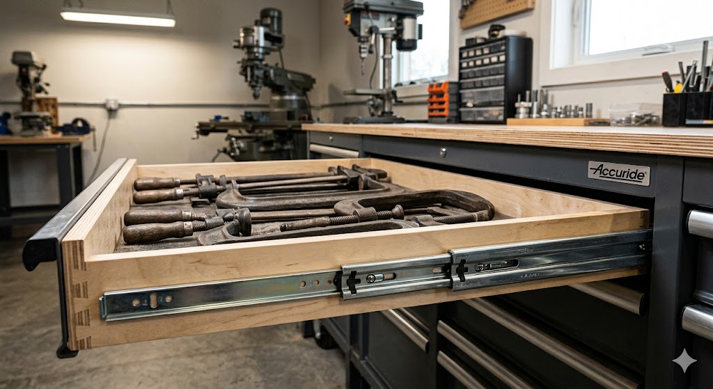 A wide heavy-duty workshop drawer mounted on Accuride 9301 slides, fully extended and holding heavy cast-iron metal working clamps without bending.