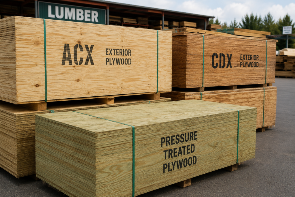stack of exterior plywood sheets at lumberyard