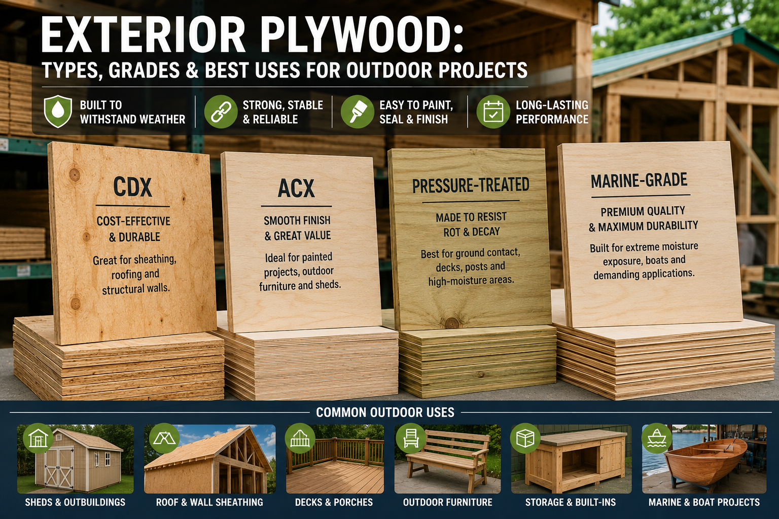 exterior plywood types including CDX ACX pressure-treated and marine-grade plywood for outdoor construction projects