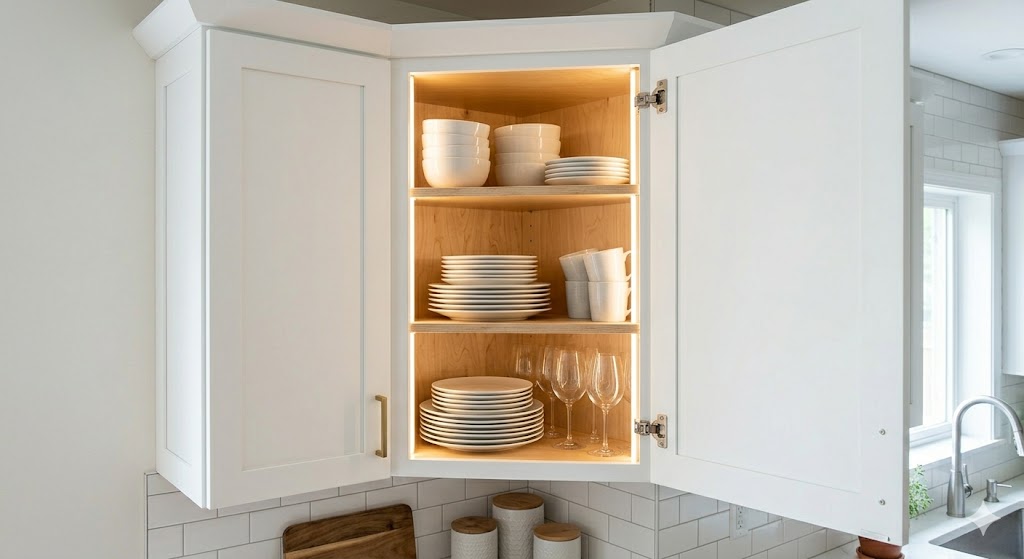 Finished interior shelves inside DIY corner wall cabinet