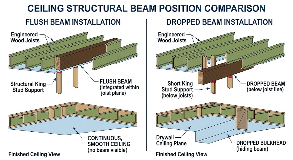 Flush beam versus drop beam ceiling comparison diagram
