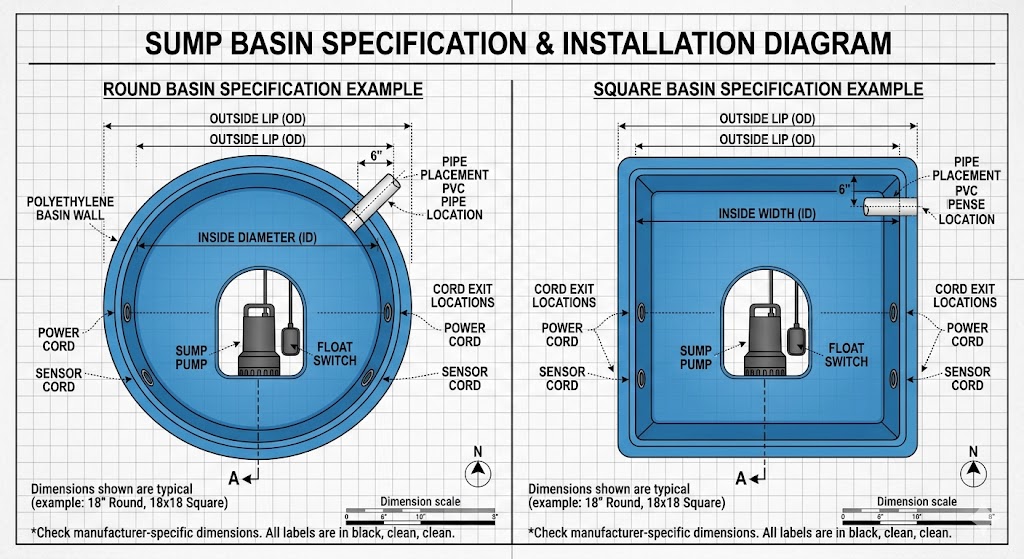 Technical diagram showing how to measure a sump pit for a replacement sump pump cover.