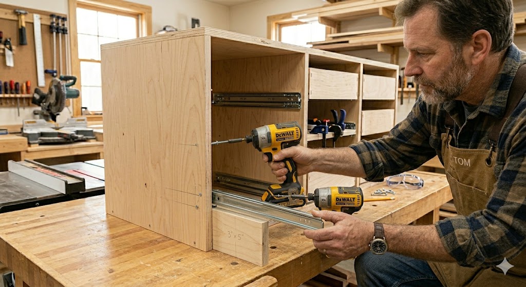Woodworker mounting a zinc-plated side-mount ball-bearing drawer slide inside a plywood workshop cabinet using a spacer block