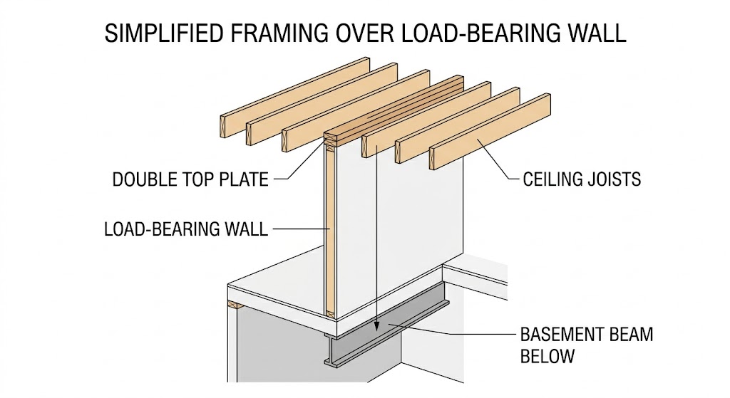 Ceiling joists running perpendicular across a load-bearing wall