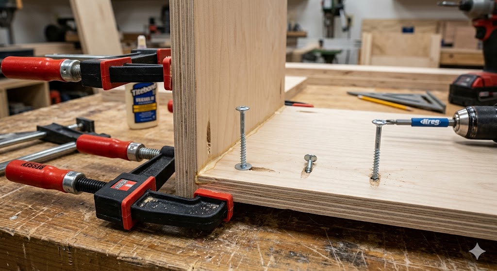 Pocket hole joinery assembling a plywood corner cabinet