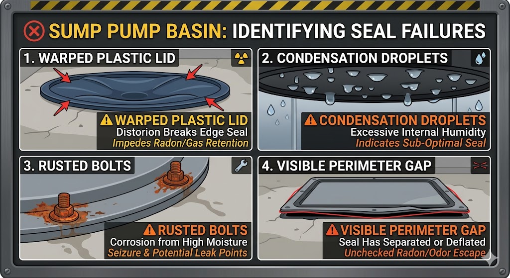 Diagram showing how a sealed sump pump cover works with a basement radon mitigation system.