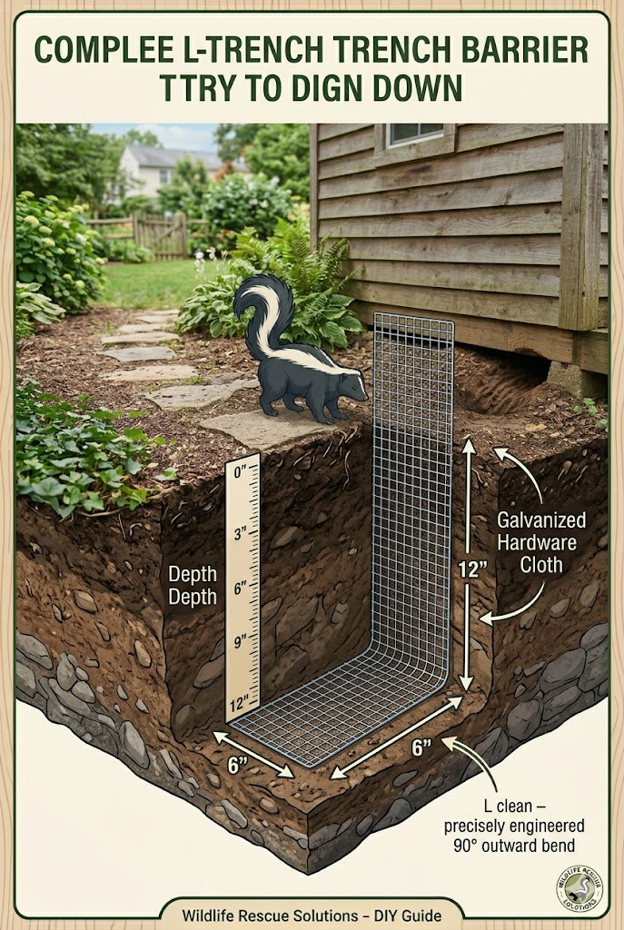 A dynamic 3D graphic showing a cross section of an L-shaped trench barrier running 12 inches underground with a 6 inch outward bend.