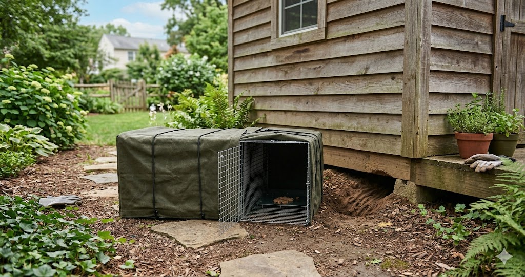 Step-by-step setup of a covered live trap positioned directly in front of a hole underneath a garden shed foundation