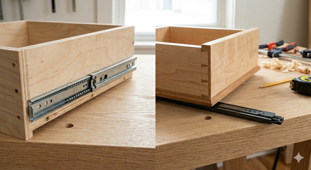 Side-by-side comparison of a metallic side-mount drawer slide and a concealed undermount drawer slide runner