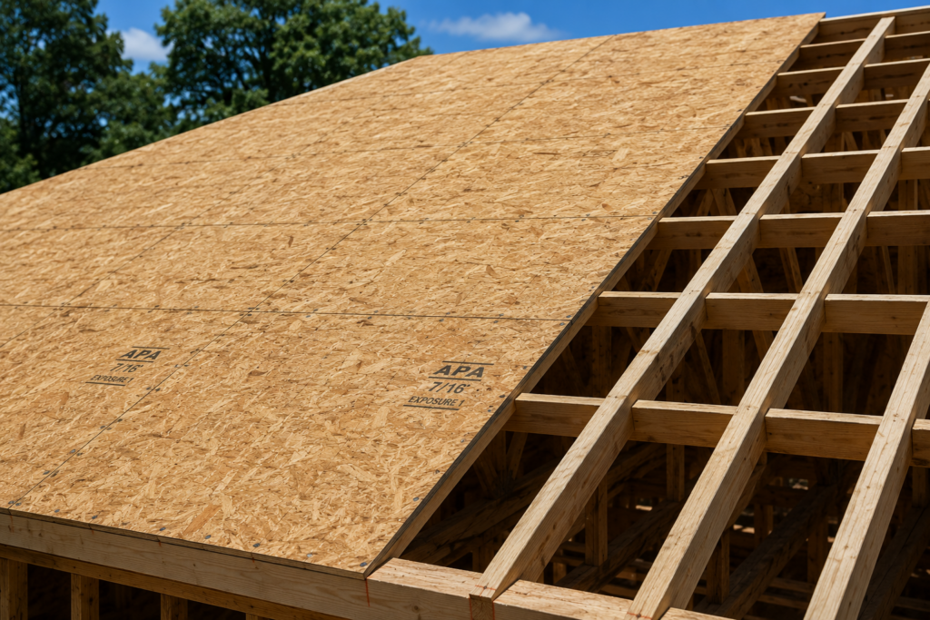7/16 inch OSB roof sheathing installed over roof trusses with 24 inch spacing