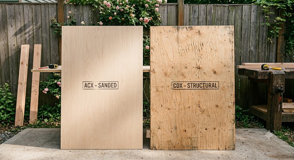 A sunlit backyard workshop scene with two standing plywood sheets: the left one is smooth, sanded, light-colored, and labeled "ACX," contrasting sharply with the right one, which is rough, textured, full of knots, and labeled "CDX."