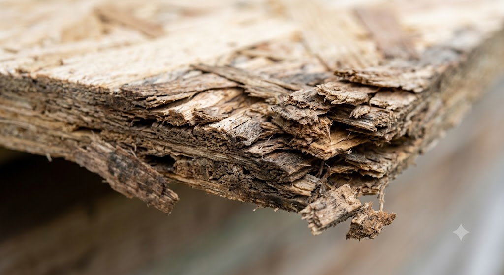 A detailed macro shot of the edge of an Oriented Strand Board (OSB) panel showing severe water damage. The wood strands along the edge are swollen, flaky, and separating into soft, rotten layers, losing all structural integrity. The surface behind the damaged edge shows the typical textured, compressed wood flake pattern of standard OSB.