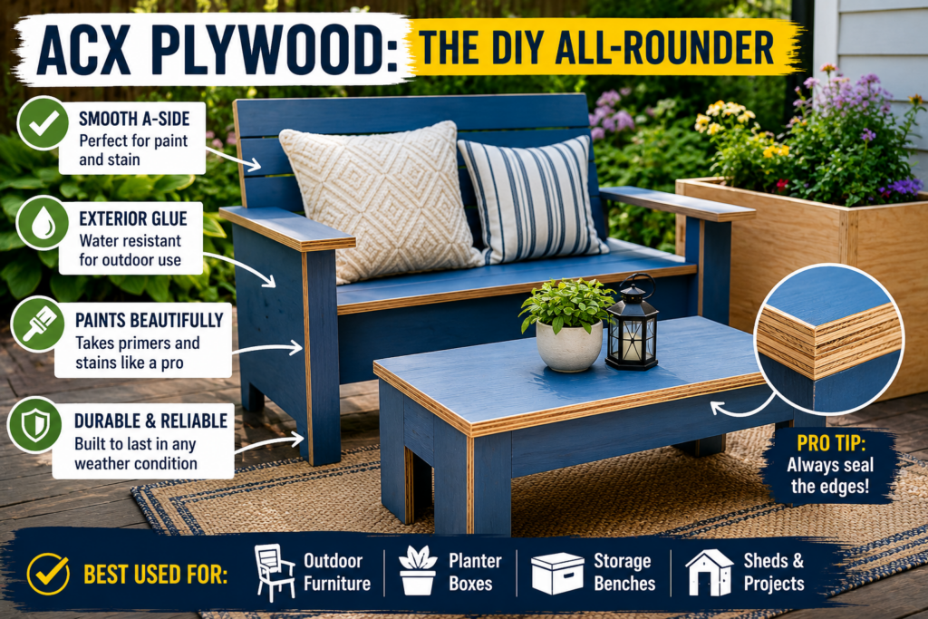 Outdoor bench and patio table built from painted ACX plywood, demonstrating its smooth finish and suitability for visible outdoor projects.