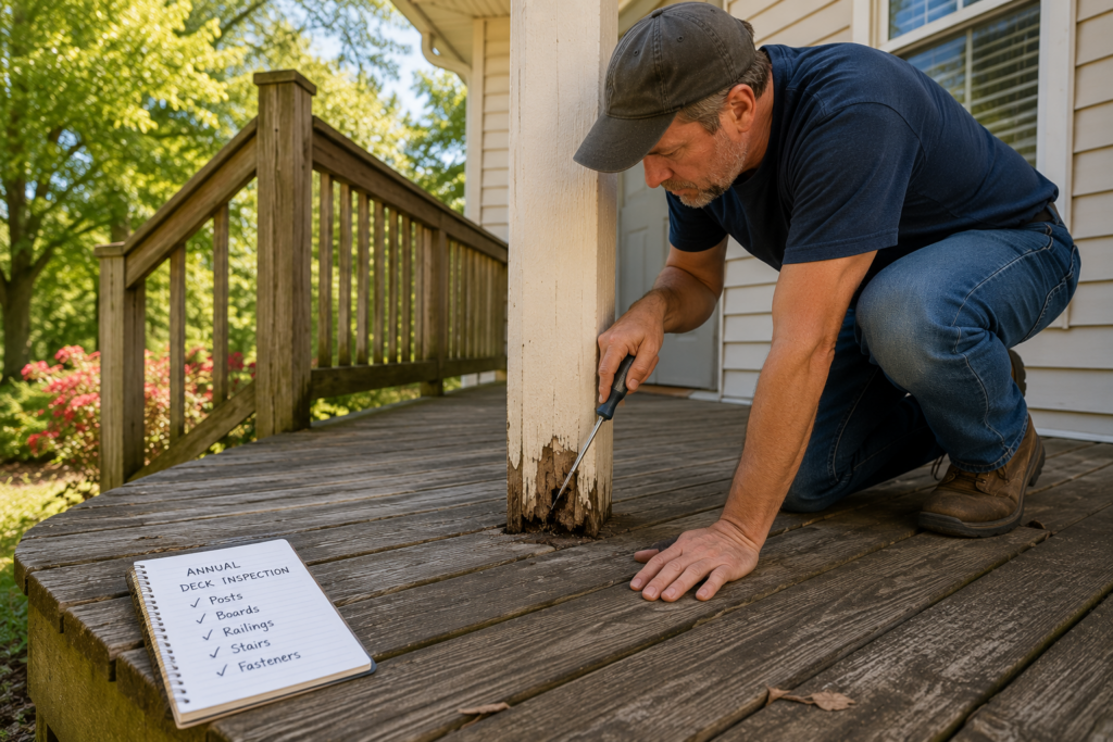 Homeowner inspecting deck boards and porch posts for wood rot using a screwdriver