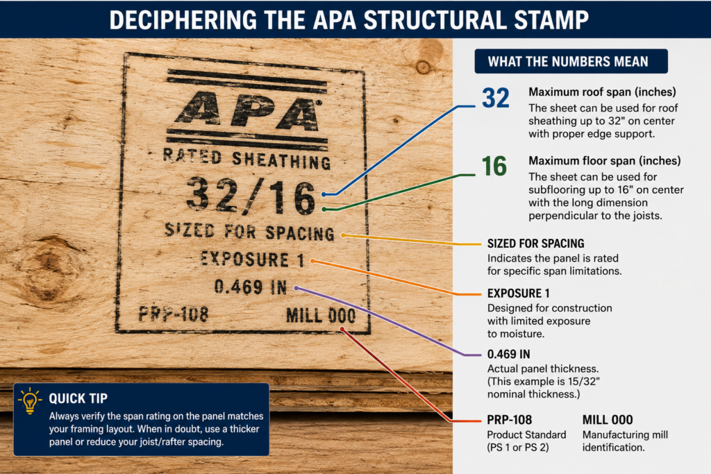 APA rated sheathing stamp showing 32/16 span rating and Exposure 1 classification