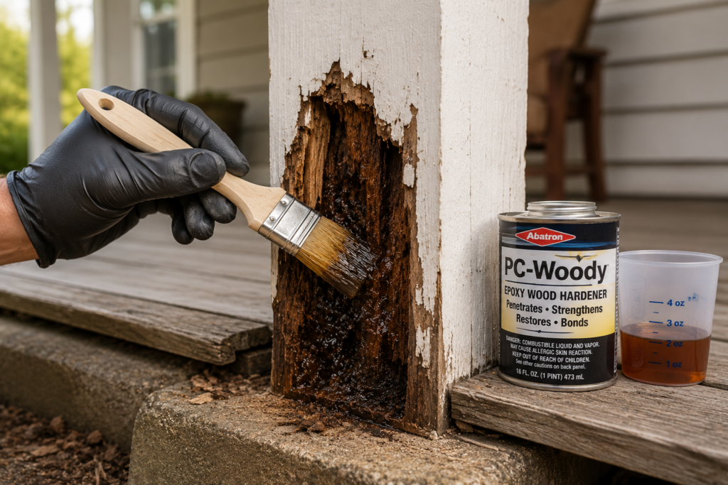 Applying epoxy wood hardener to repair a damaged porch post