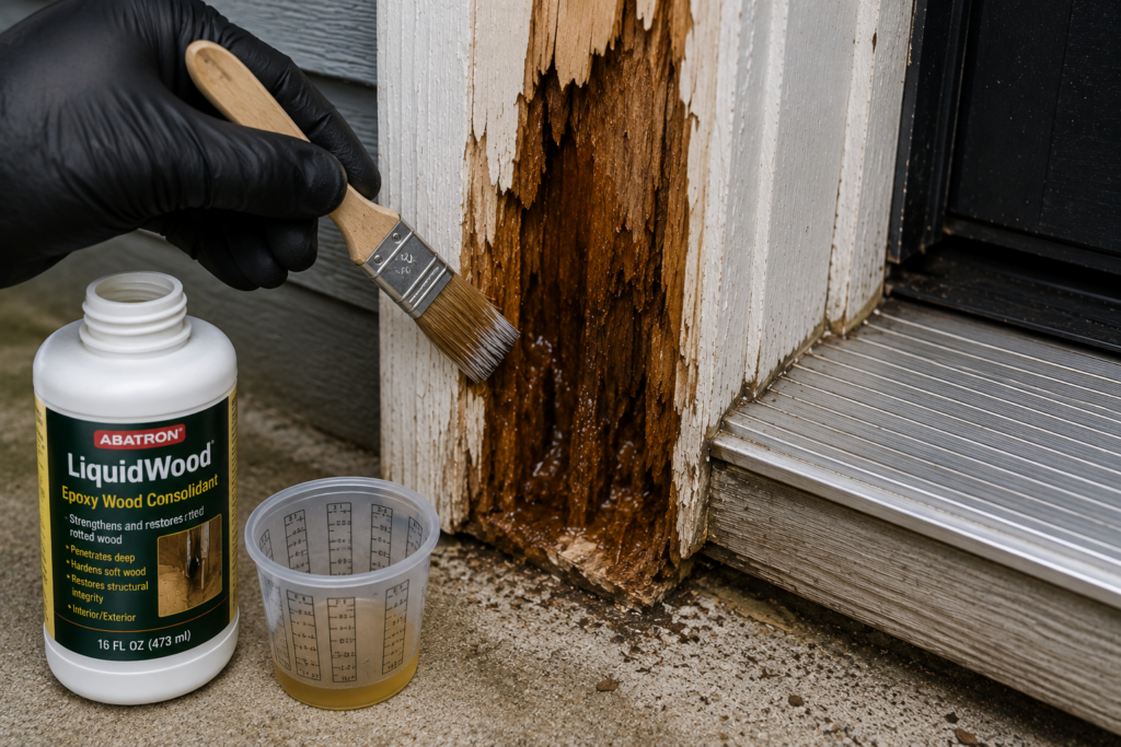 Applying wood hardener to damaged wood before epoxy repair