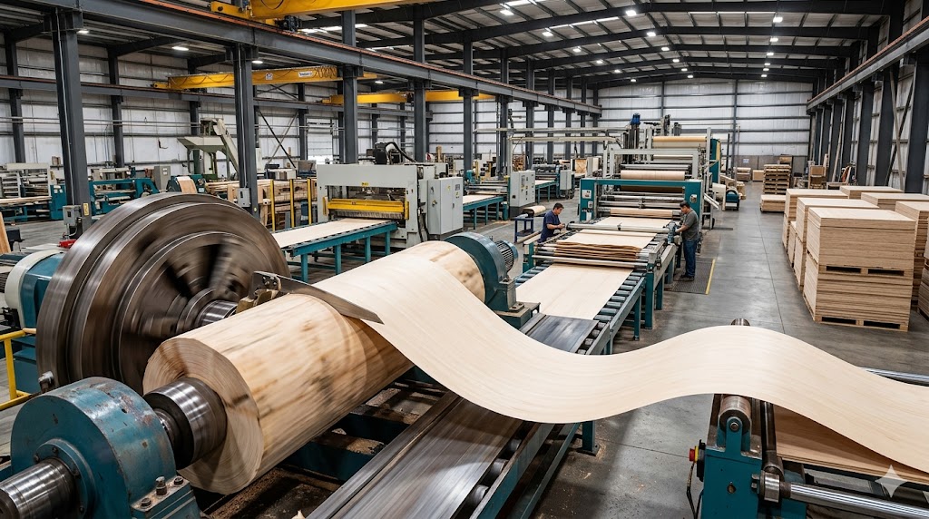 Industrial plywood mill with Aspen logs being peeled into continuous veneer sheets on a rotary lathe before assembly into plywood panels.